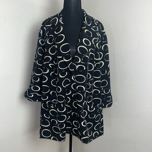 Maggie Barnes Blouse Top Womens 2X Black Button Front Shirt Geo Print Gold Rings